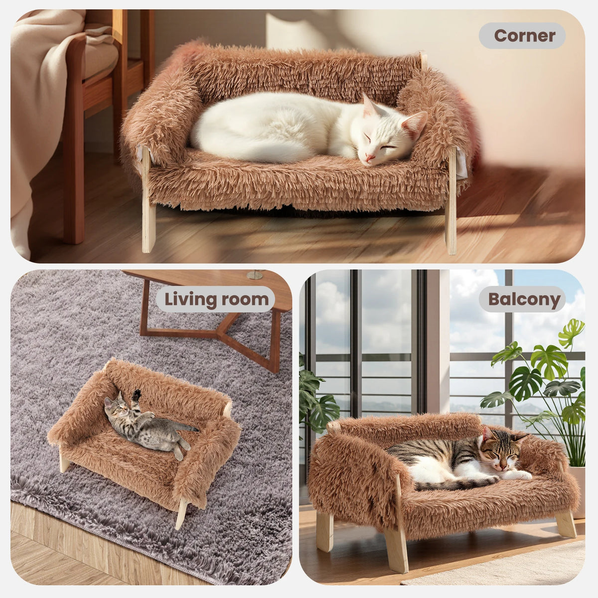 Raised Plush Cat Bed With Wooden Legs For Indoor Use