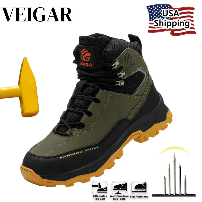 Veigar Men Breathable Leather Anti Puncture Steel Toe Work Boots