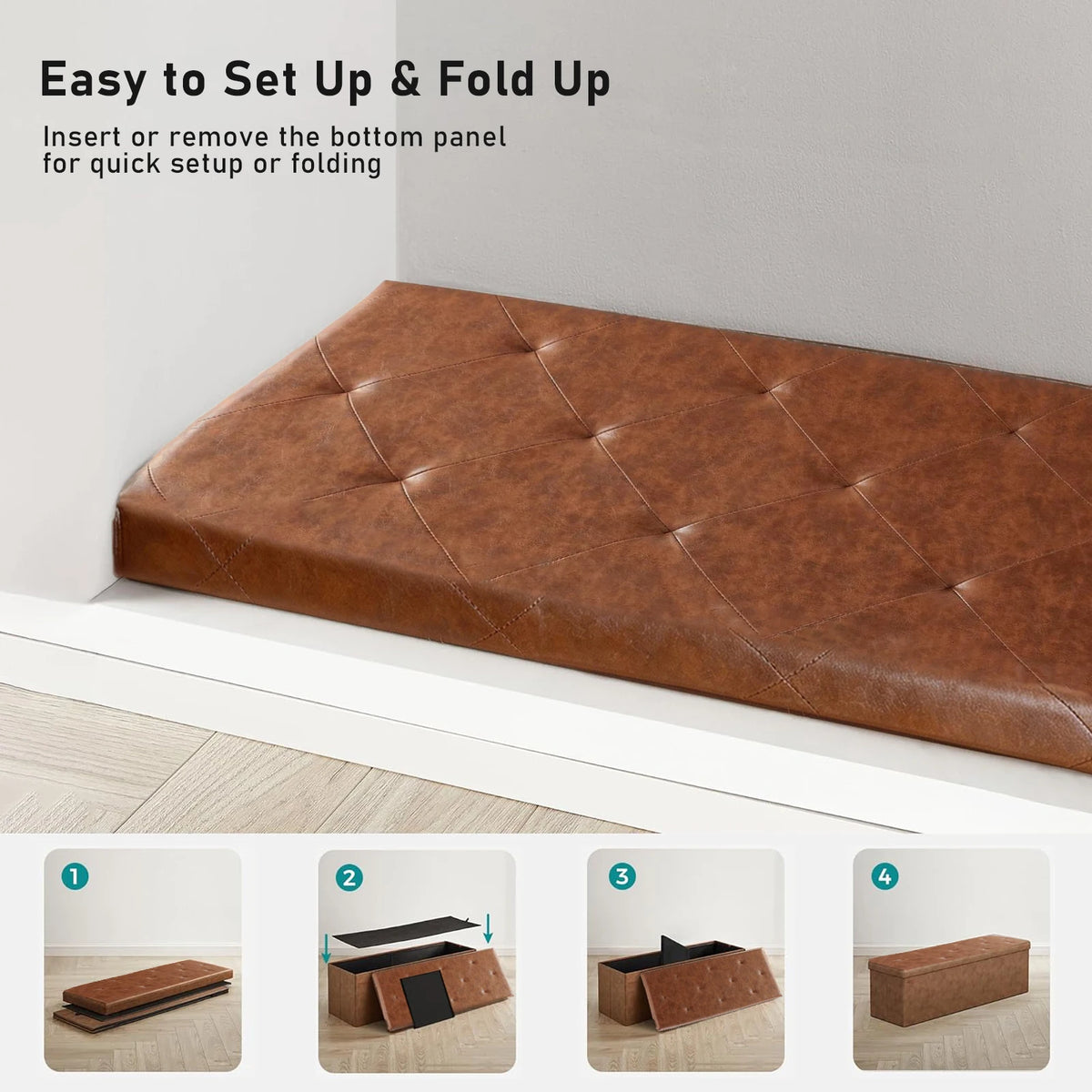 Tufted Faux Leather Folding Storage Bench Ottoman With Lid