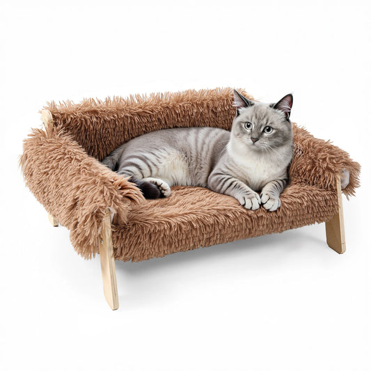 Raised Plush Cat Bed With Wooden Legs For Indoor Use