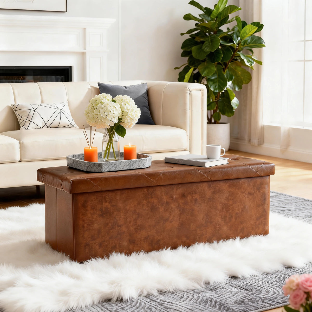 Tufted Faux Leather Folding Storage Bench Ottoman With Lid
