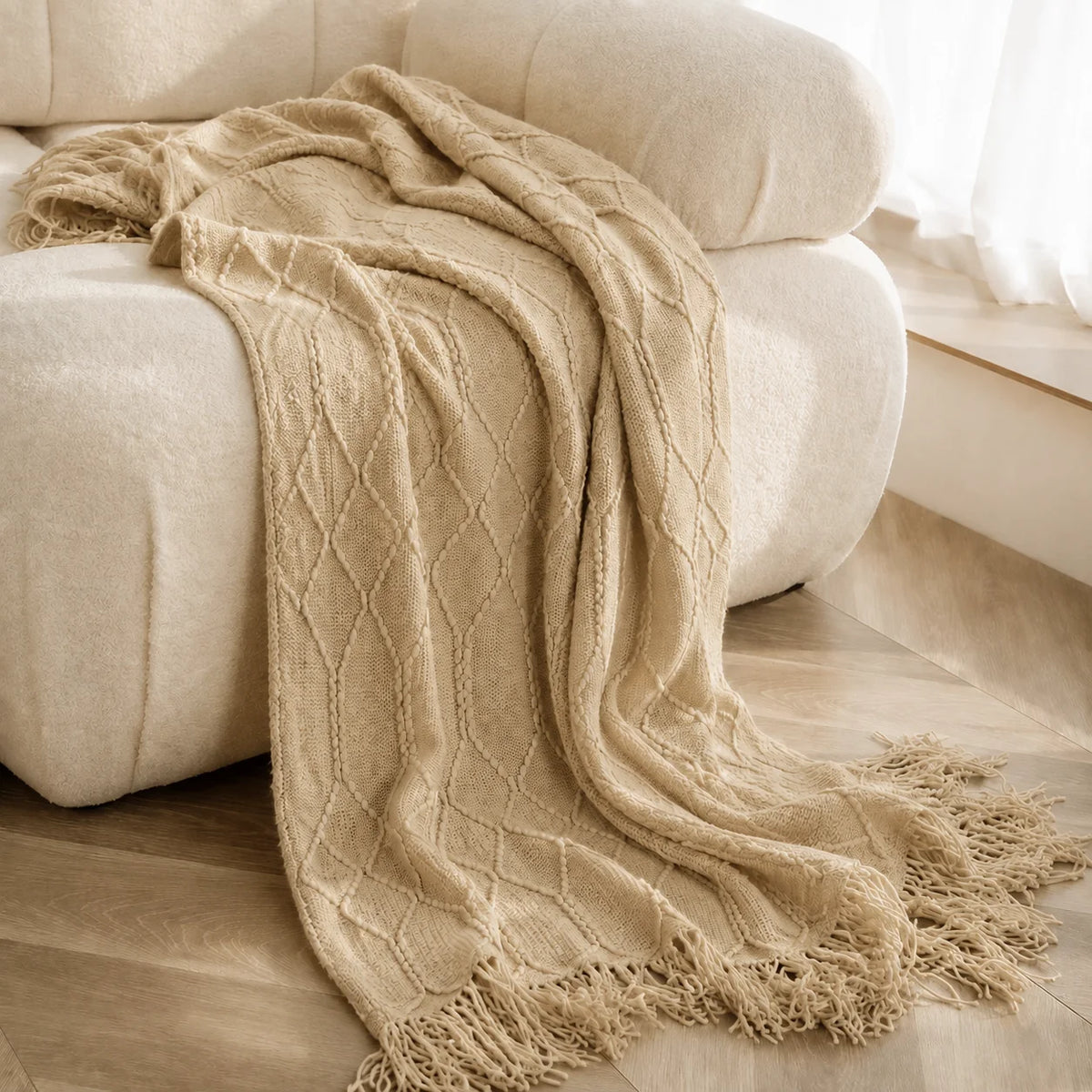 Cable Knit Throw Blanket With Tassel Fringe 100 Percent Acrylic