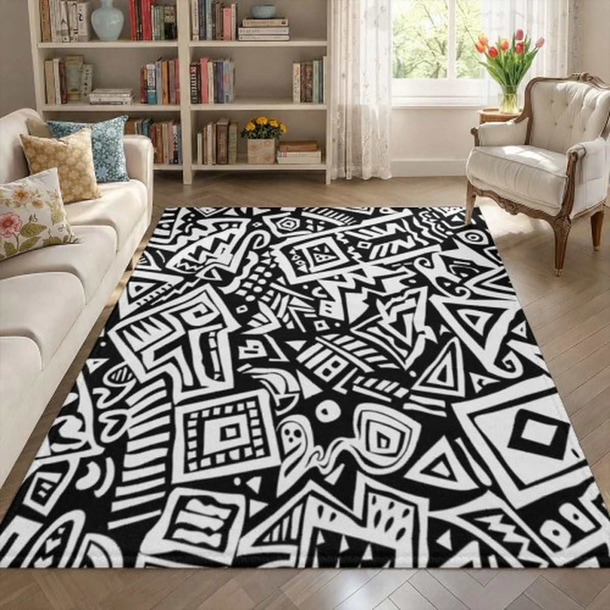 Boho Mid Century Modern Leaf Pattern Living Room Carpet