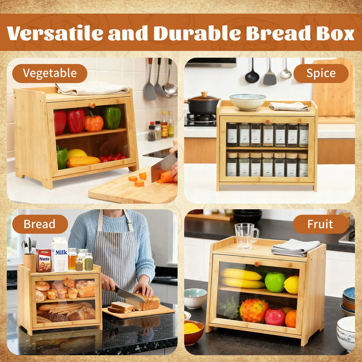 Bamboo Bread Box Kitchen Countertop Storage Container