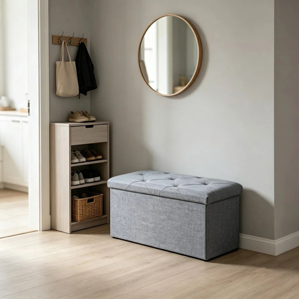 Foldable Storage Ottoman Bench With Tufted Fabric Hidden Compartment