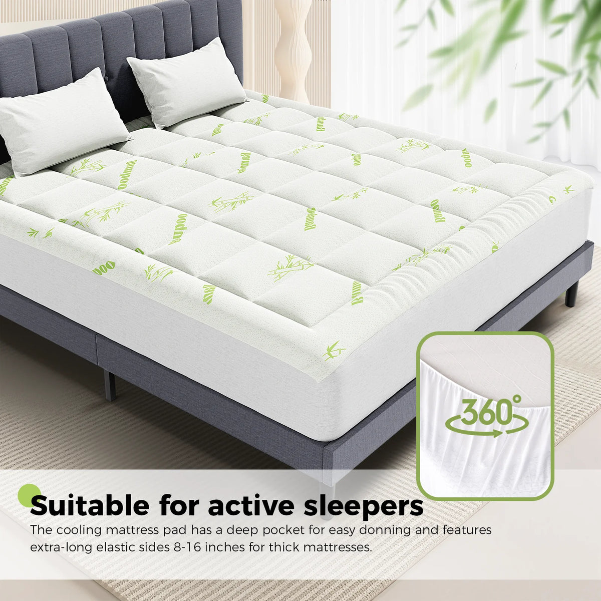 JHK Bamboo Latex Mattress Topper With Deep Pockets Cooling Layer