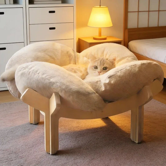 Wooden High Leg Cat Bed With Soft Cushions For Pets