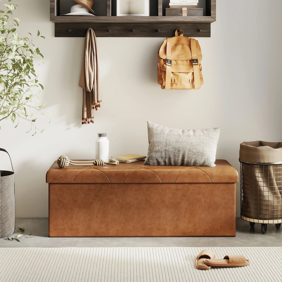 Tufted Faux Leather Folding Storage Bench Ottoman With Lid