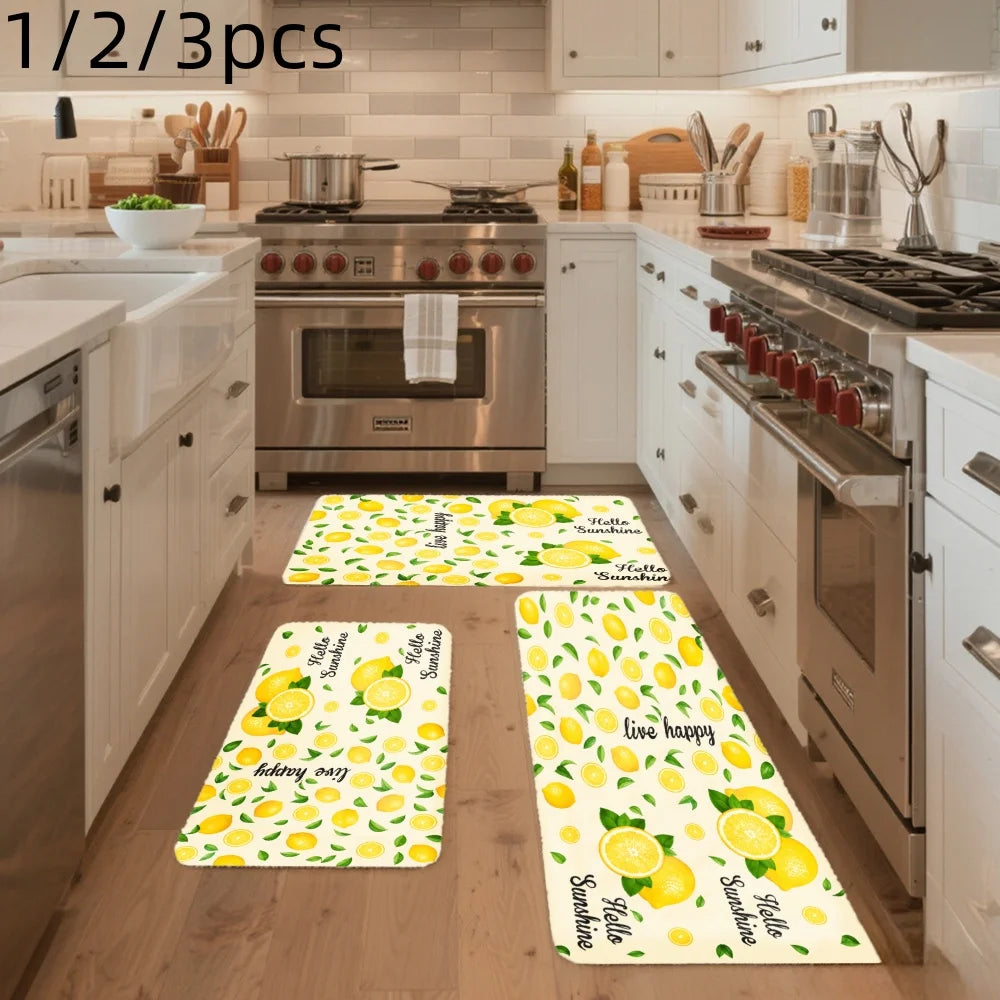 3 Piece Home Decor Mat Set With Lemon Leaf Print Design