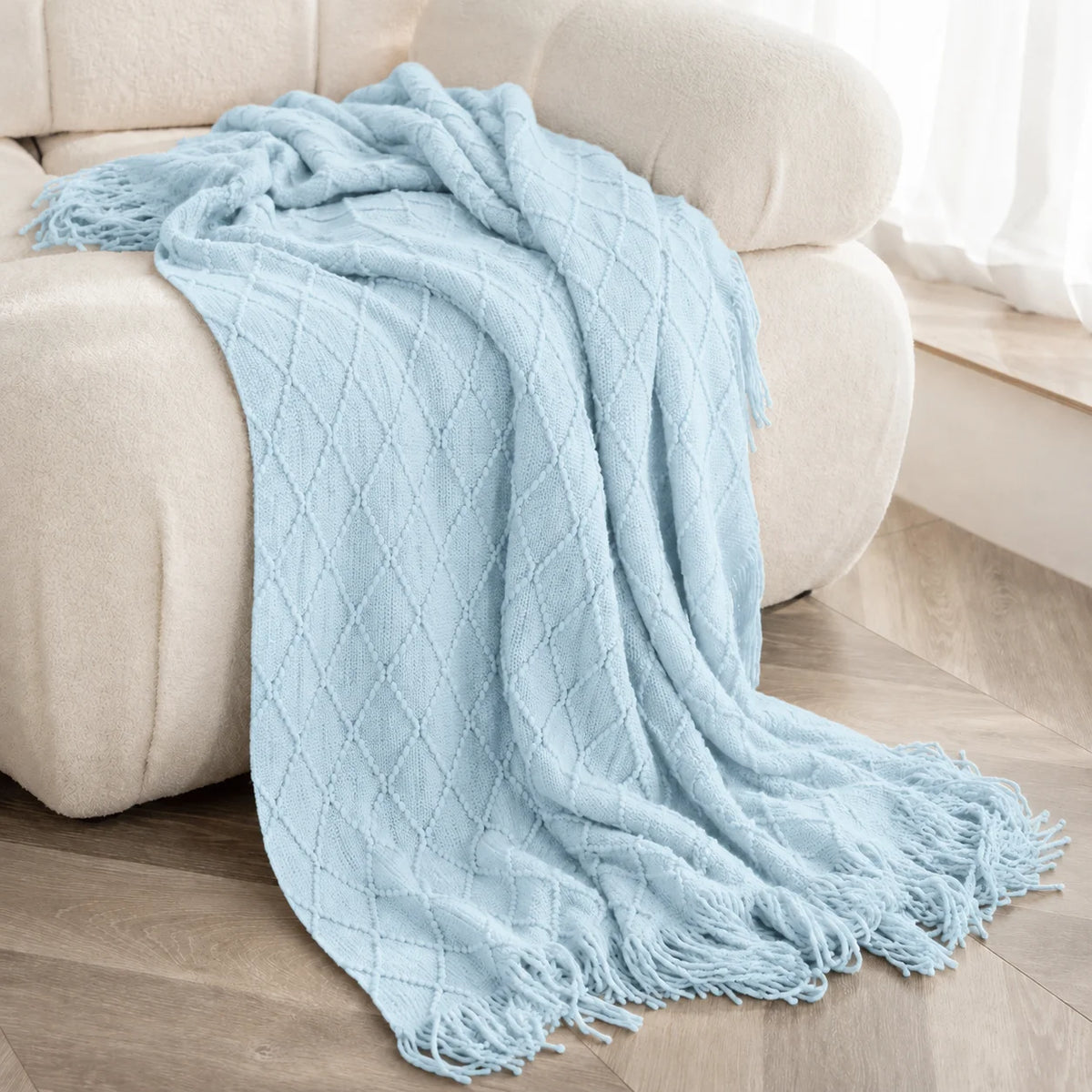 Cable Knit Throw Blanket With Tassel Fringe 100 Percent Acrylic