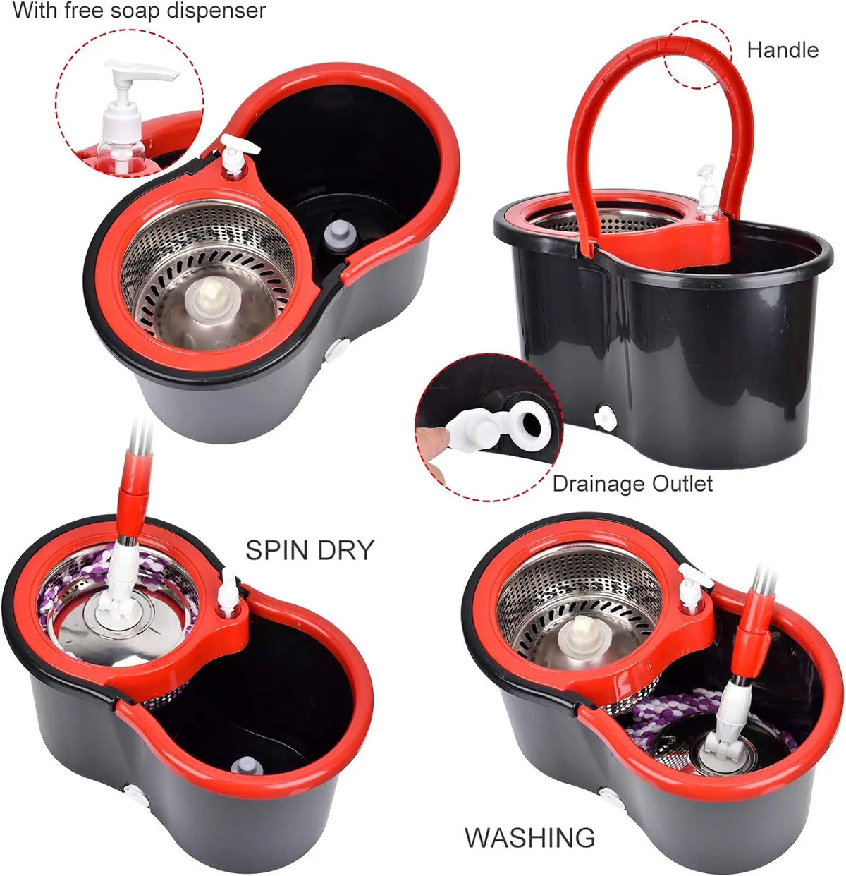 360 Spin Mop Bucket Set With Microfiber Heads And Long Handle