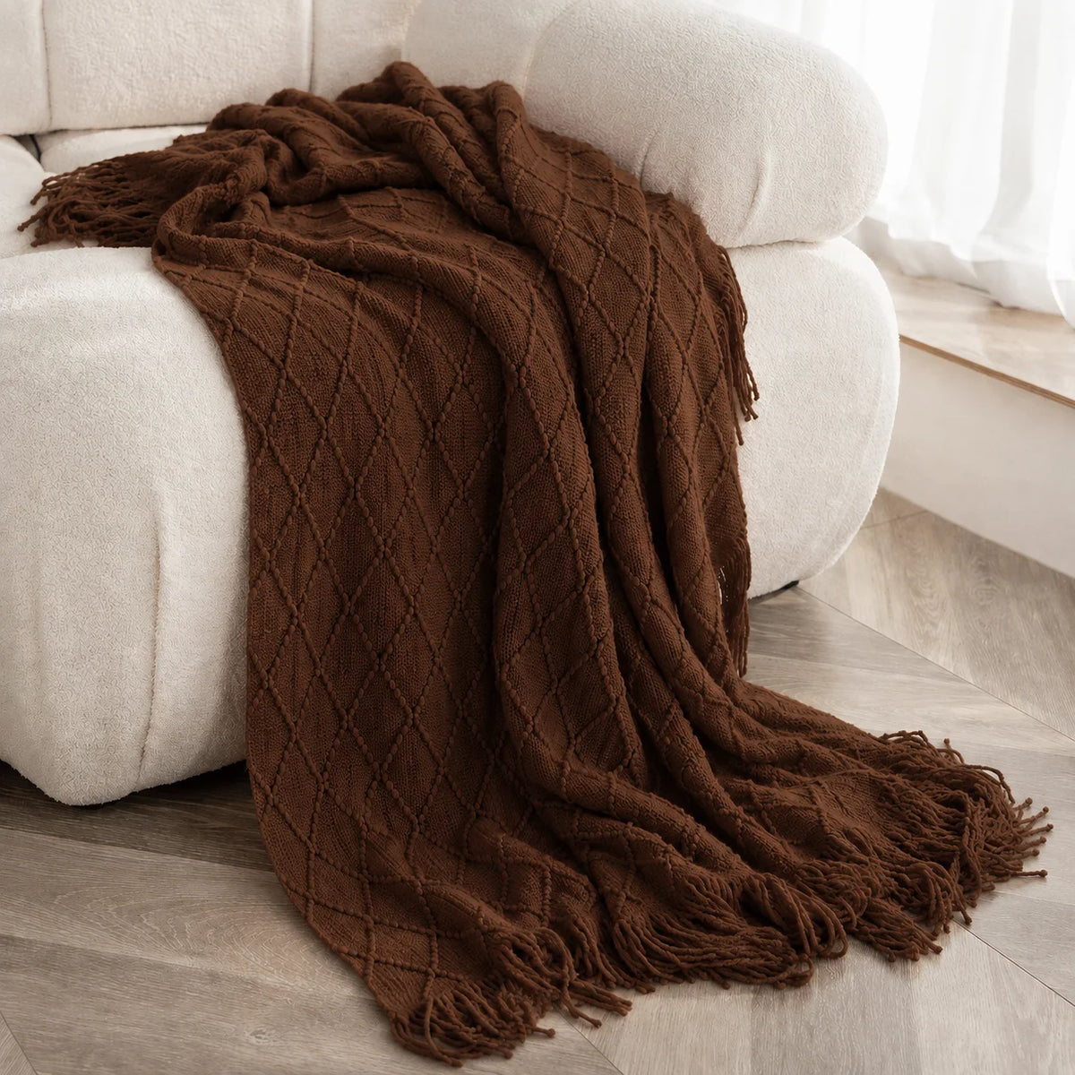 Cable Knit Throw Blanket With Tassel Fringe 100 Percent Acrylic