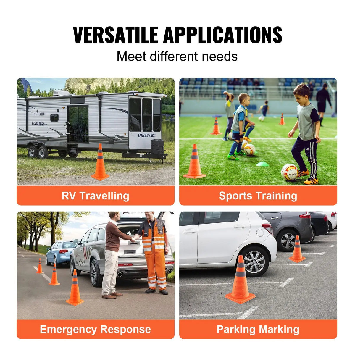 Collapsible Traffic Cones With Reflective Collars And Storage Bag