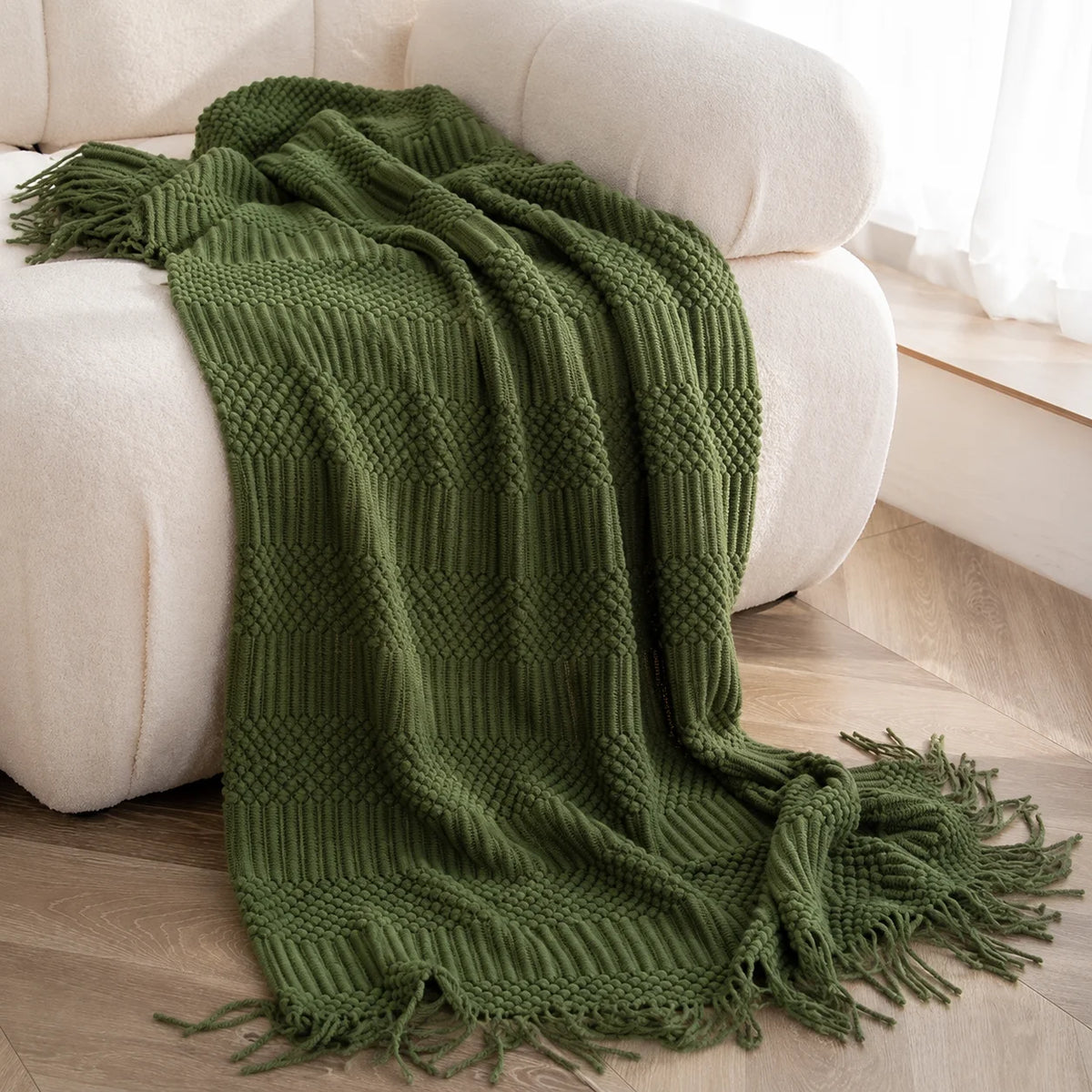 Cable Knit Throw Blanket With Tassel Fringe 100 Percent Acrylic