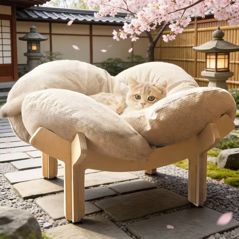 Wooden High Leg Cat Bed With Soft Cushions For Pets