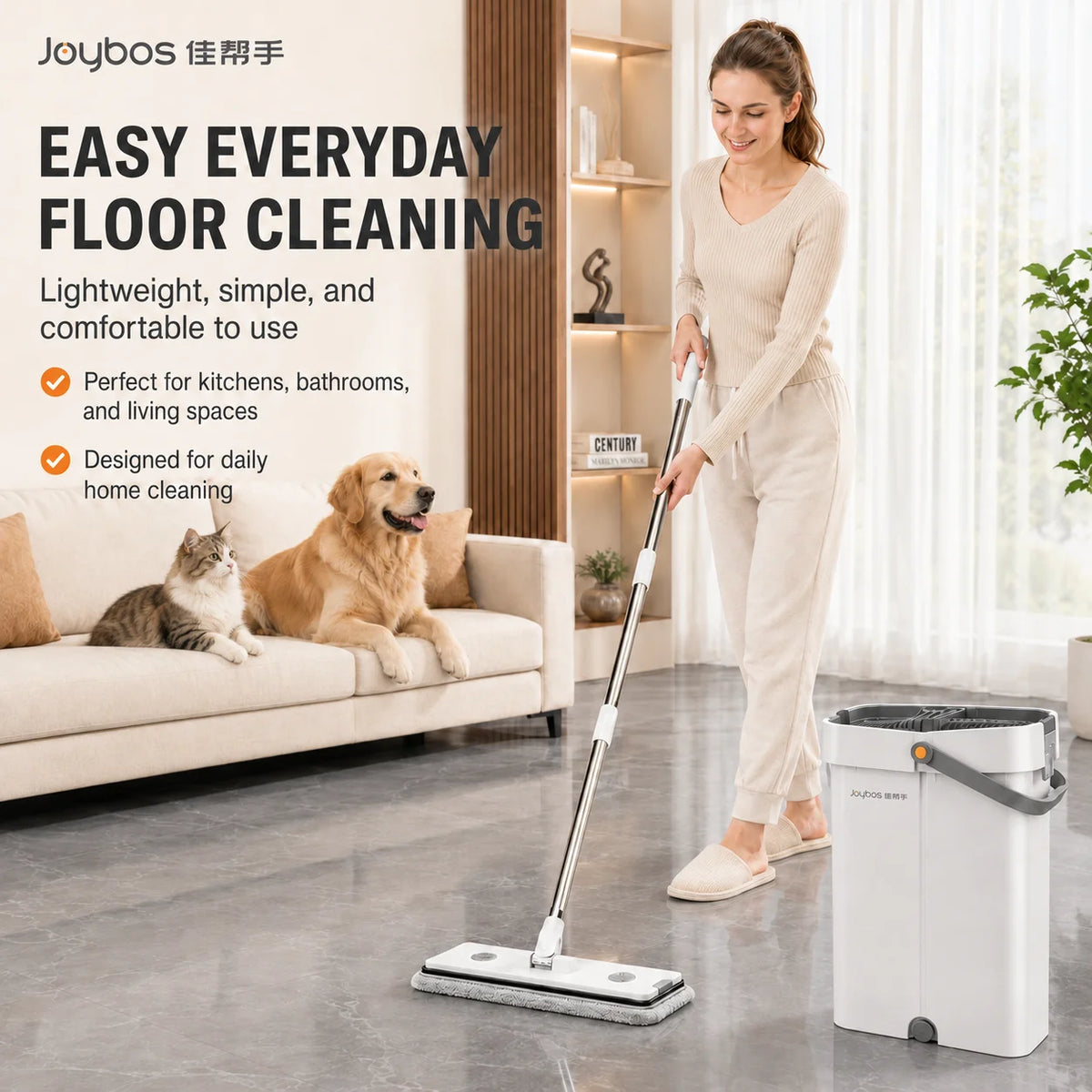 Joybos Ultra Slim Flat Mop With Bucket And Microfiber Pads