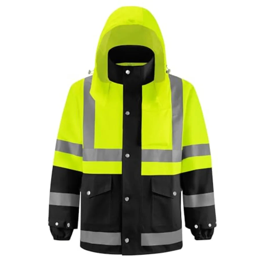 Reflective High Visibility Safety Rain Jacket With Hood For Construction