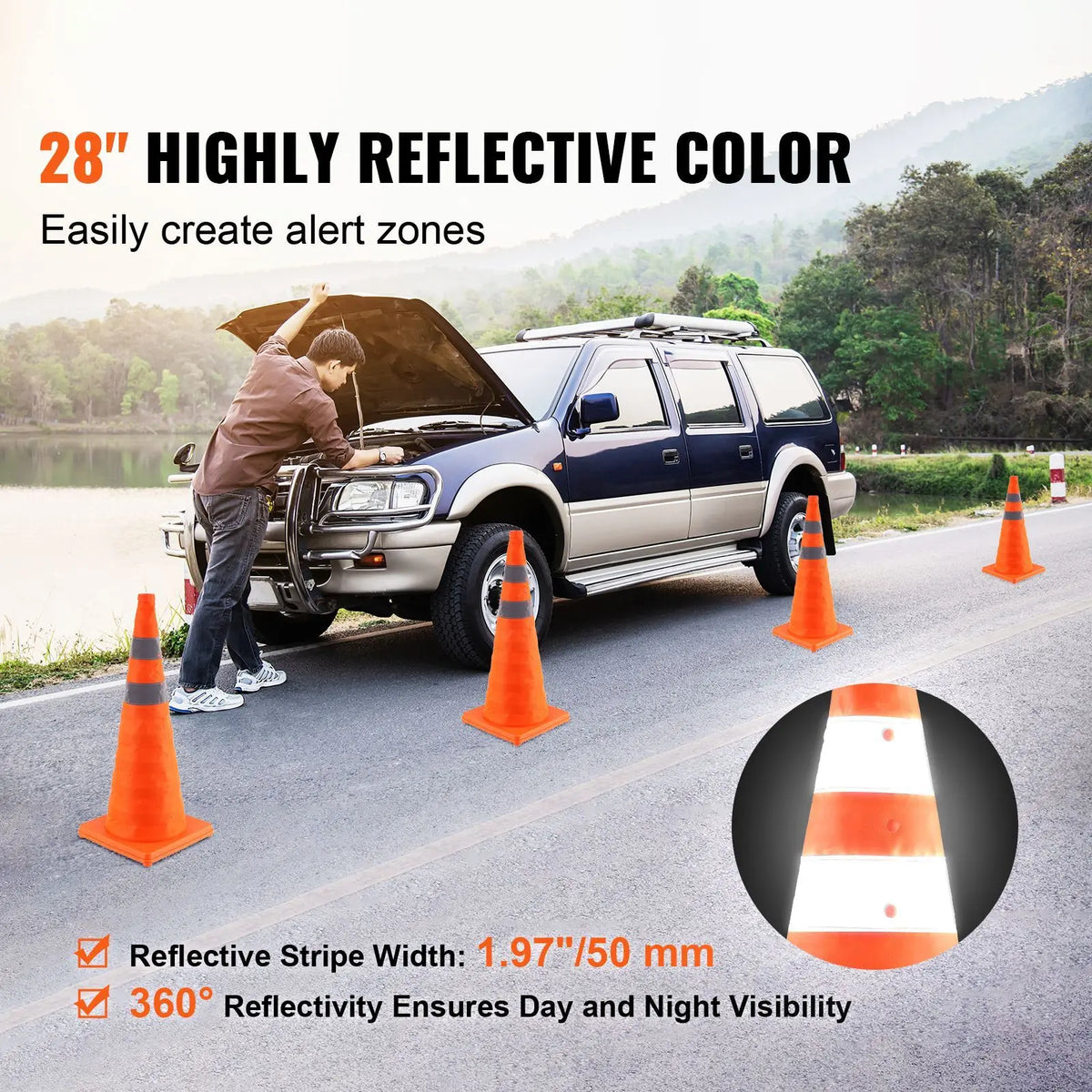 Collapsible Traffic Cones With Reflective Collars And Storage Bag