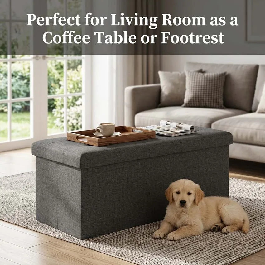 Foldable Storage Ottoman Bench With Tufted Fabric Hidden Compartment