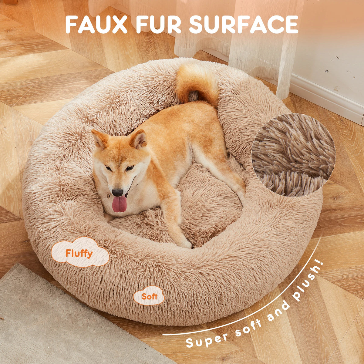Jhk Calming Washable Round Fluffy Faux Fur Dog Bed