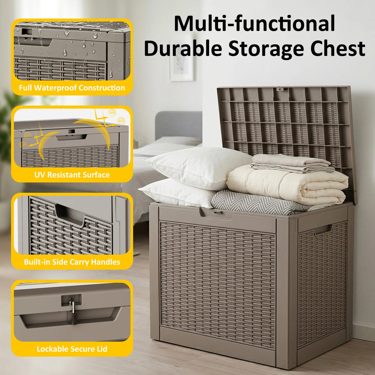 Waterproof Rattan Textured Resin Patio Storage Deck Box With Lock