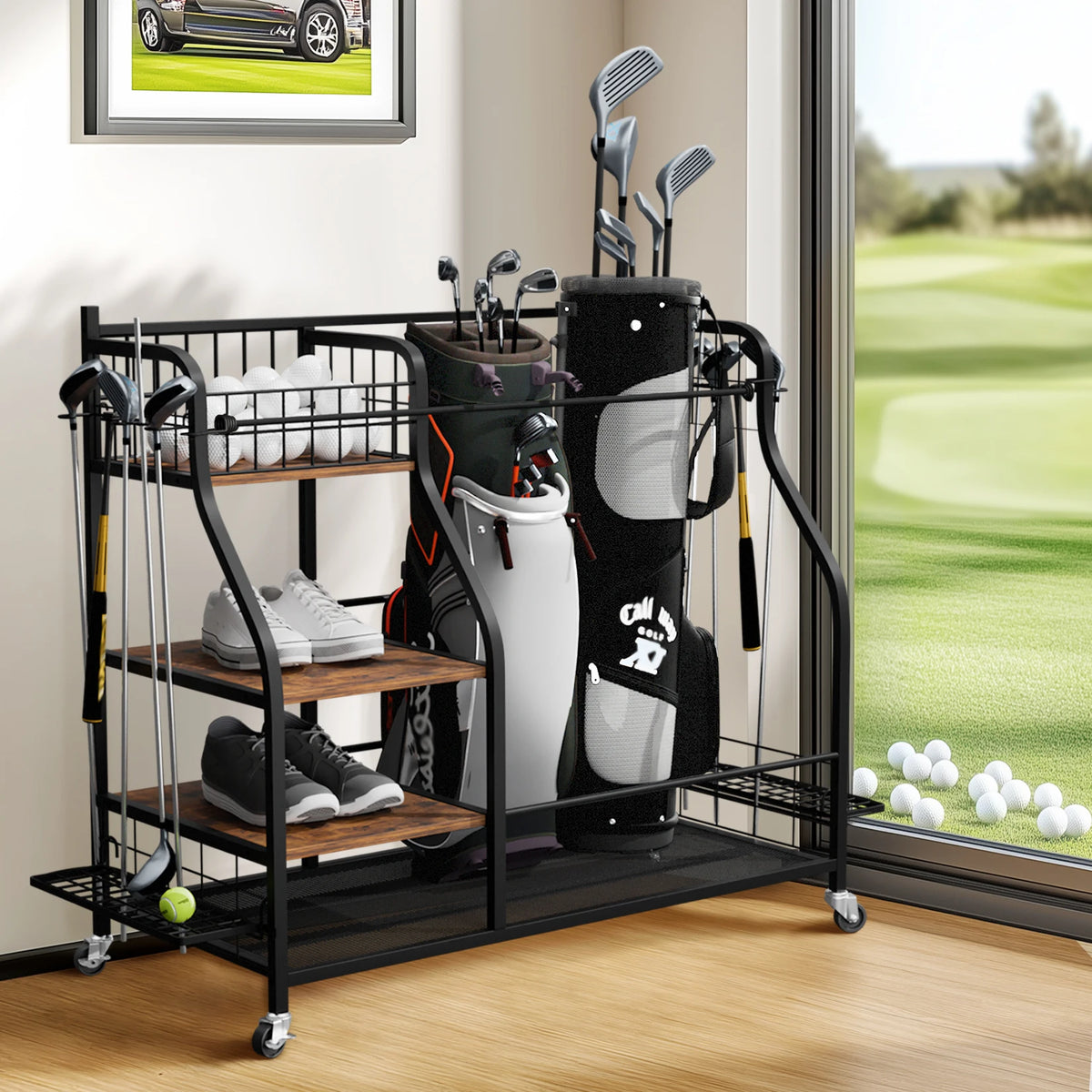 Metal Rolling Golf Bag Storage Rack With Three Tiers