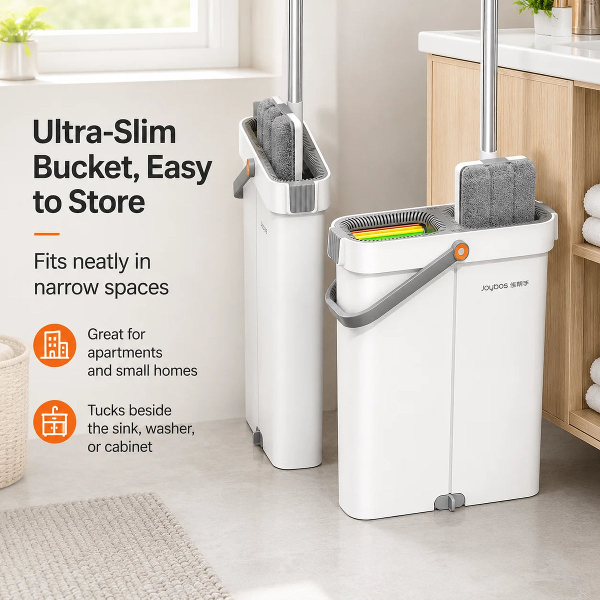 Joybos Ultra Slim Flat Mop With Bucket And Microfiber Pads