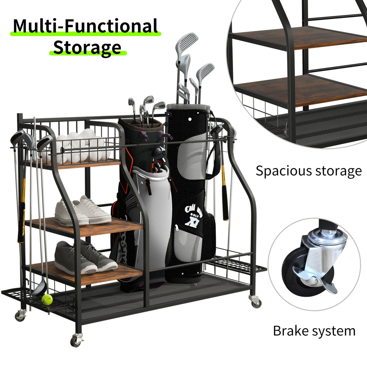 Metal Rolling Golf Bag Storage Rack With Three Tiers