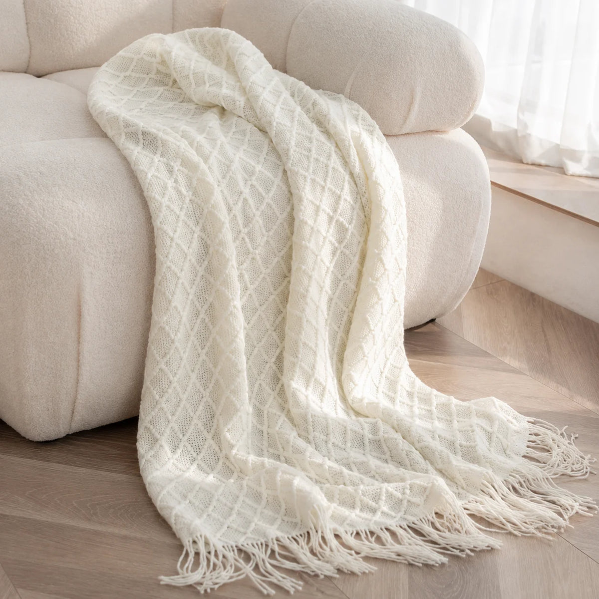 Cable Knit Throw Blanket With Tassel Fringe 100 Percent Acrylic