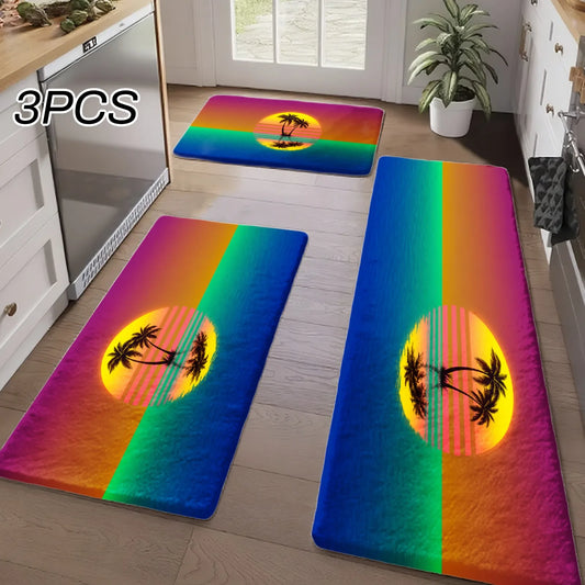 Sunset Palm Tree And Ocean Kitchen Rug Set