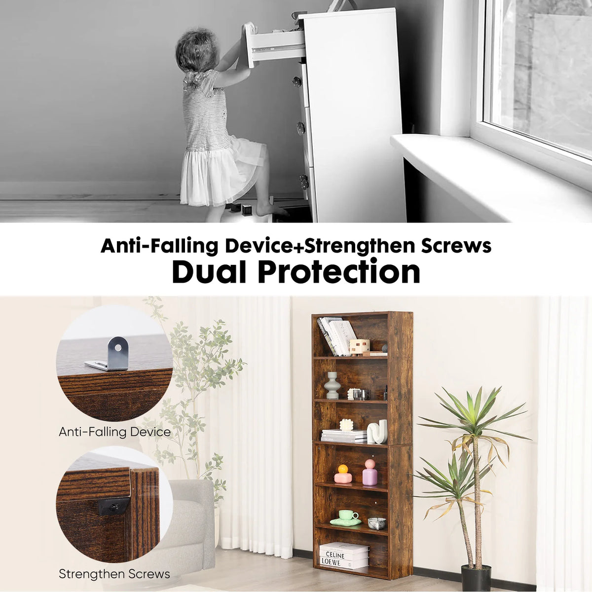 JHK Six Tier Wooden Bookcase For Living Room And Home Office