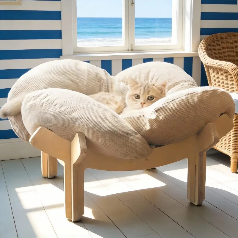 Wooden High Leg Cat Bed With Soft Cushions For Pets