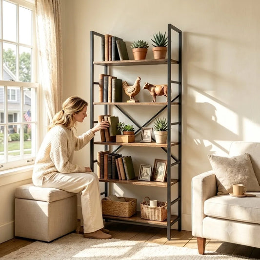 Premium Industrial Rustic Wood Bookshelf With Steel Frame