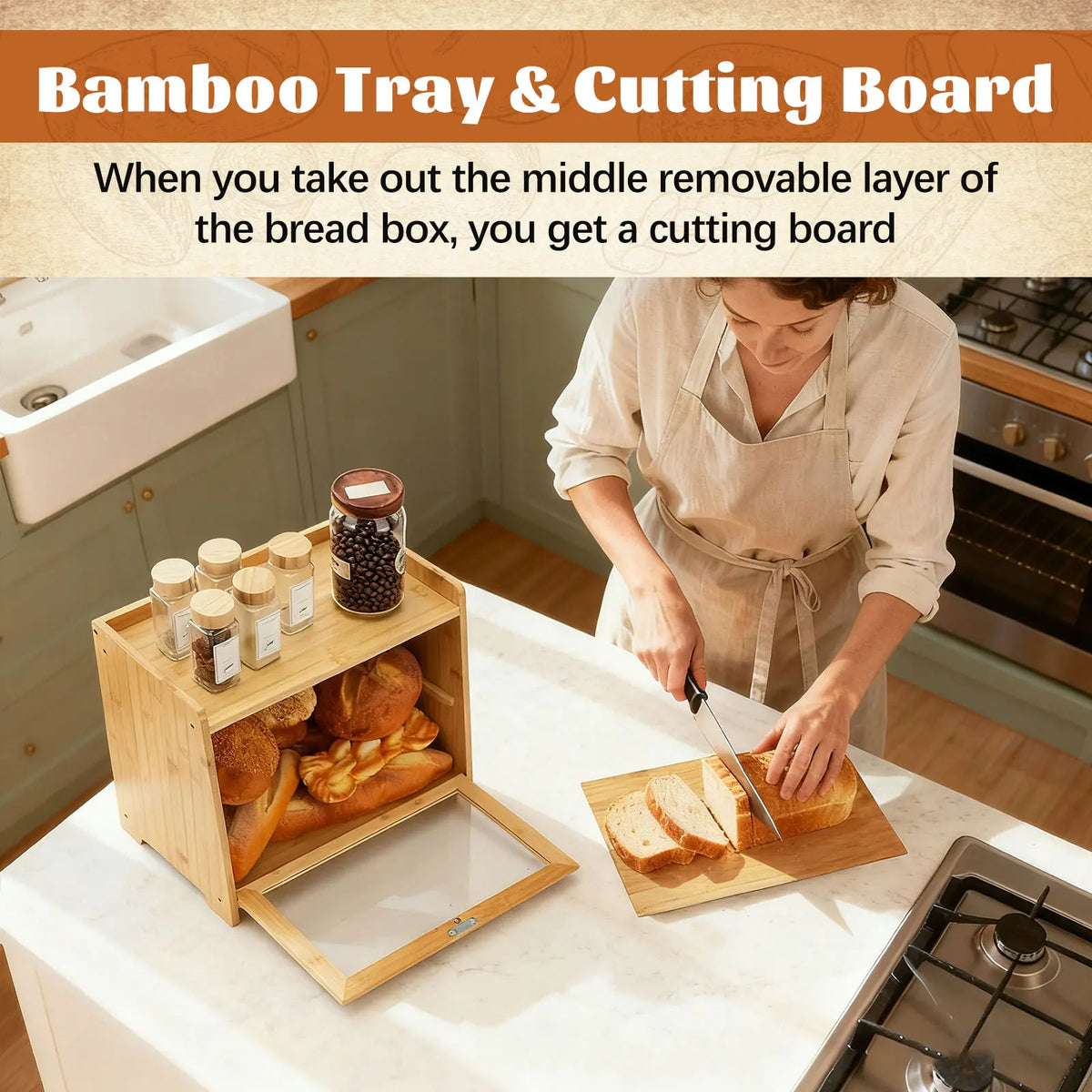 Bamboo Bread Box Kitchen Countertop Storage Container