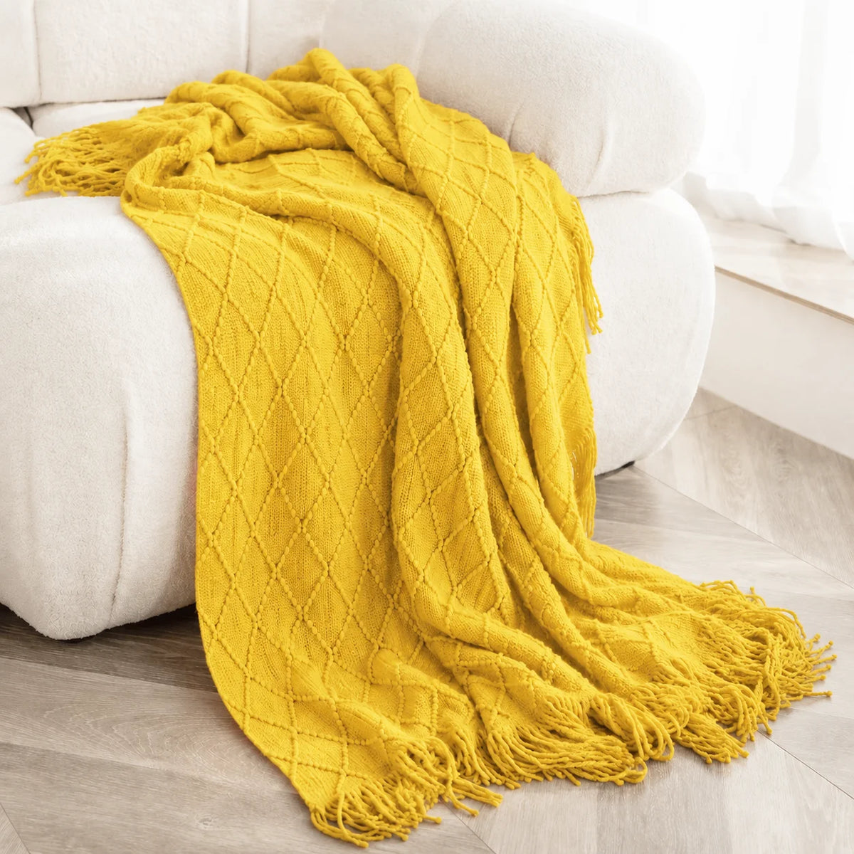 Cable Knit Throw Blanket With Tassel Fringe 100 Percent Acrylic