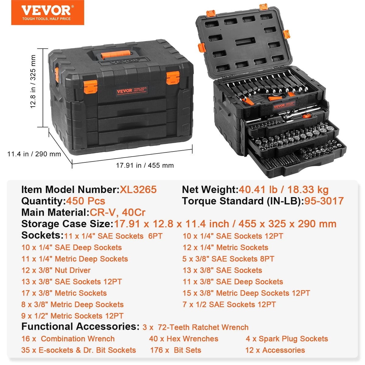 SucceBuy Mechanics Tool Set With Chrome Vanadium SAE Metric Sockets