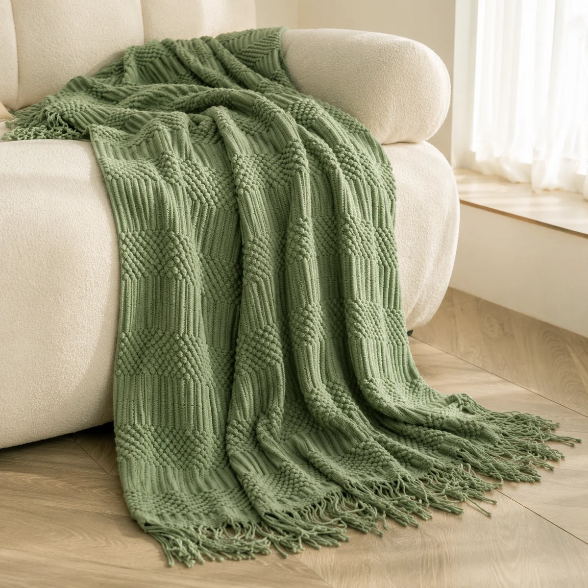 Cable Knit Throw Blanket With Tassel Fringe 100 Percent Acrylic