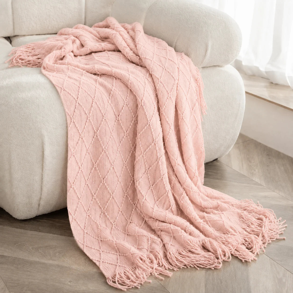 Cable Knit Throw Blanket With Tassel Fringe 100 Percent Acrylic